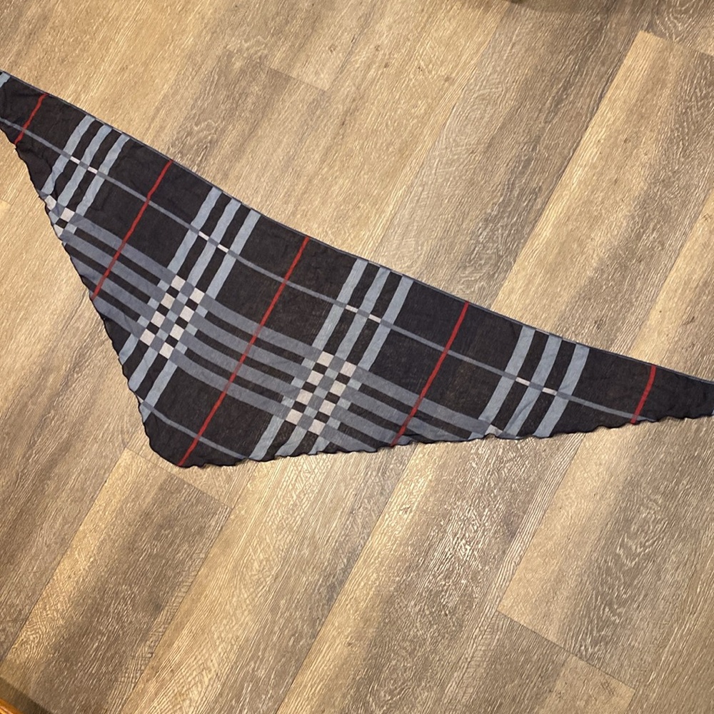 Two Semi-Sheer Designer Inspired Plaid Pattern Triangle Scarves in Tan and Blue - Picture 5 of 5